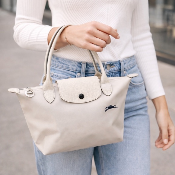 Longchamp Handbags - Authentic Longchamp Small Le Pliage Tote in Light Beige with Navy Logo